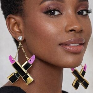 Gold and Pink Lipstick Dangle Earrings